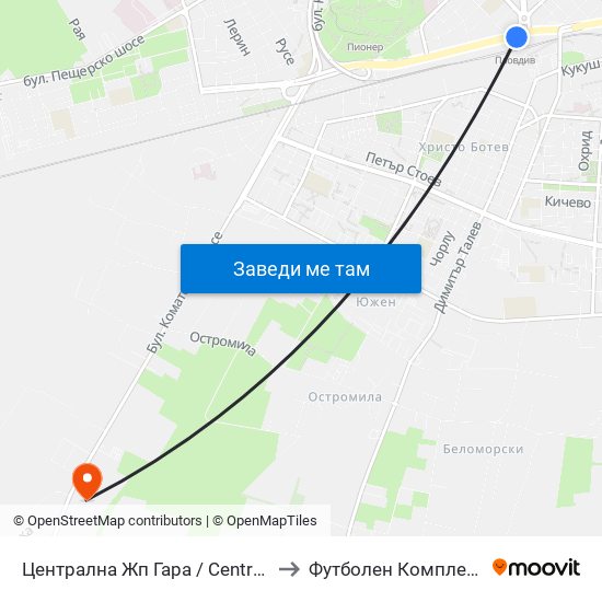 Централна Жп Гара / Central Railway Station (205) to Футболен Комплекс ""Ботев 1912"" map