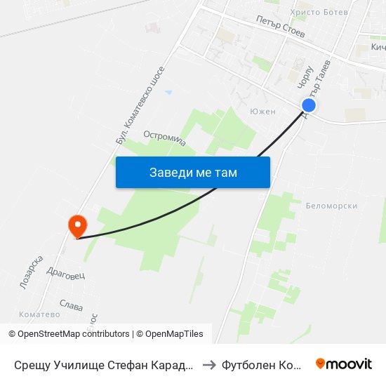 Срещу Училище Стефан Караджа / Opposite Stefan Karadzha School (38) to Футболен Комплекс ""Ботев 1912"" map