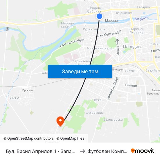 Бул. Васил Априлов 1 - Запад / Vasil Aprilov St. 1 - West (402) to Футболен Комплекс ""Ботев 1912"" map