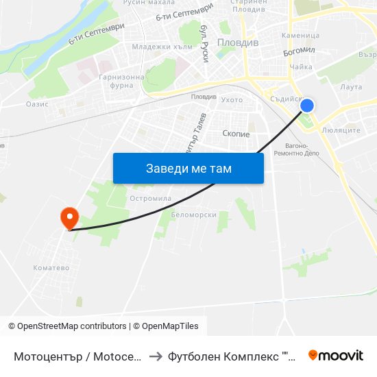 Мотоцентър / Motocentrum (258) to Футболен Комплекс ""Ботев 1912"" map