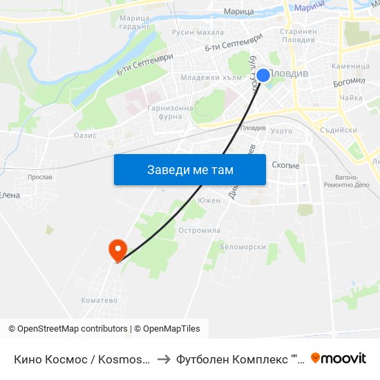 Кино Космос / Kosmos Cinema (263) to Футболен Комплекс ""Ботев 1912"" map