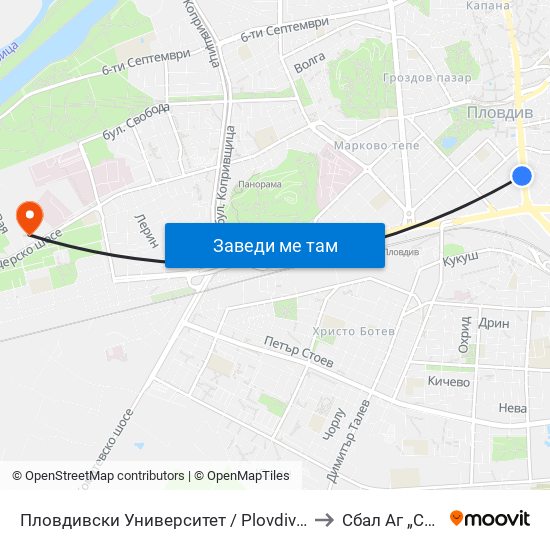 Пловдивски Университет / Plovdiv University (13) to Сбал Аг „Селена“ map