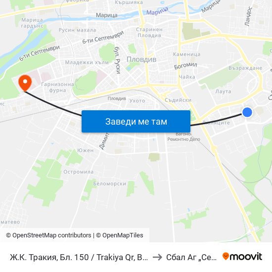Ж.К. Тракия, Бл. 150 / Trakiya Qr, Bl. 150 (109) to Сбал Аг „Селена“ map