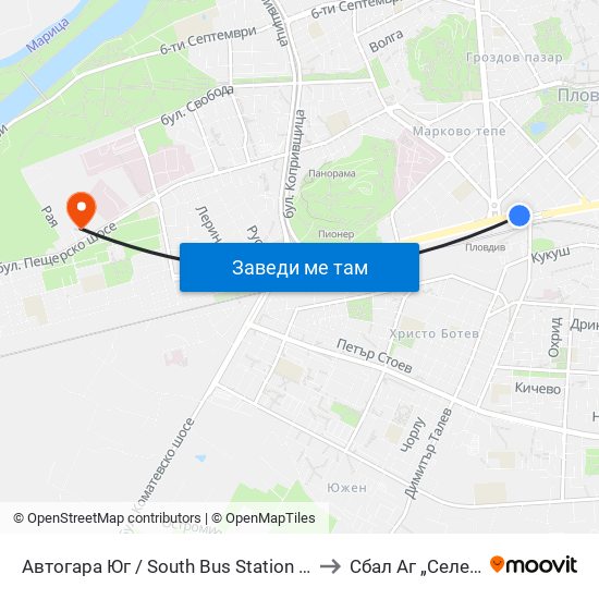 Автогара Юг / South Bus Station (187) to Сбал Аг „Селена“ map