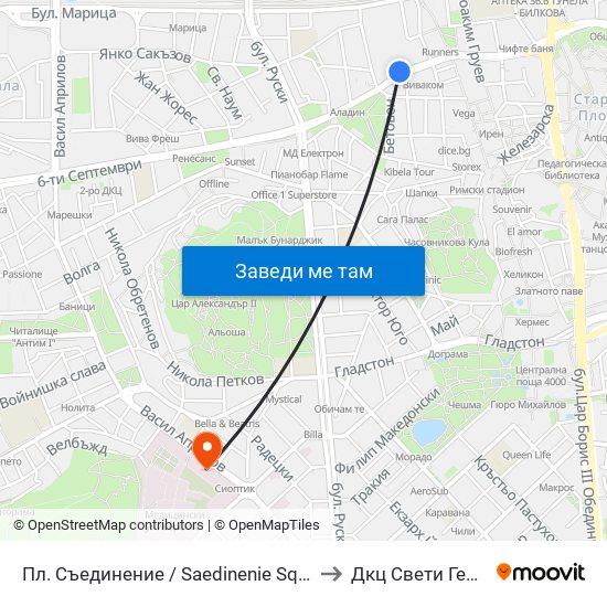 Пл. Съединение / Saedinenie Sq. (141) to Дкц Свети Георги map