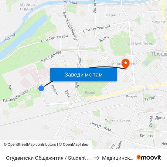 Студентски Общежития / Student Accommodation (389) to Медицински Център map