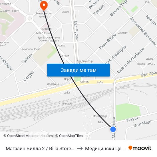 Магазин Билла 2 / Billa Store 2 (15) to Медицински Център map