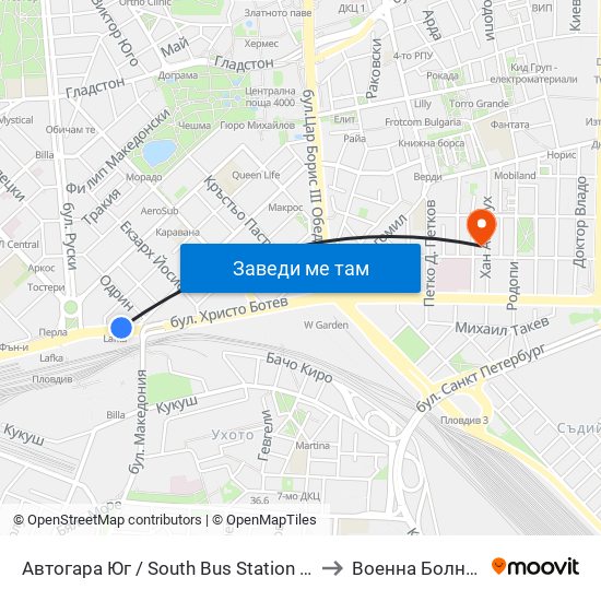 Автогара Юг / South Bus Station (187) to Военна Болница map