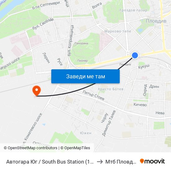 Автогара Юг / South Bus Station (187) to Мтб Пловдив map