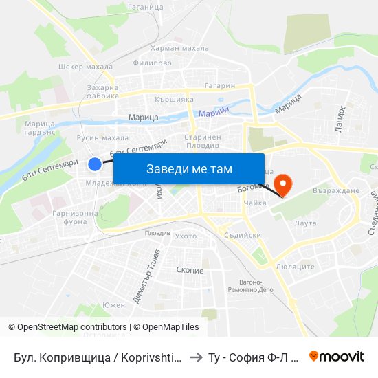 Бул. Копривщица / Koprivshtitsa Blvd. (241) to Ту - София Ф-Л Пловдив map