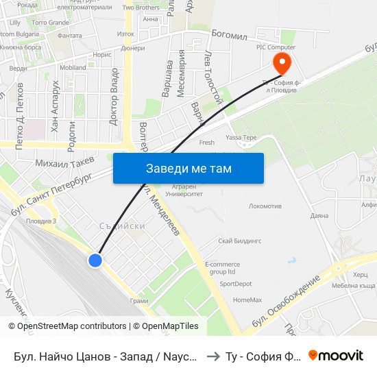 Бул. Найчо Цанов - Запад / Naycho Tsanov Blvd - West (102) to Ту - София Ф-Л Пловдив map