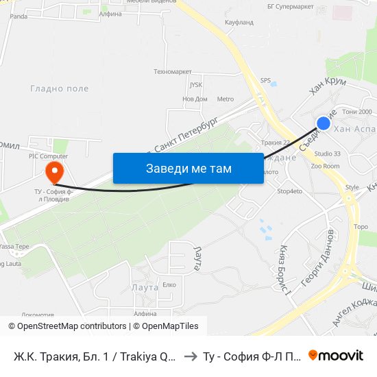 Ж.К. Тракия, Бл. 1 / Trakiya Qr, Bl. 1 (237) to Ту - София Ф-Л Пловдив map