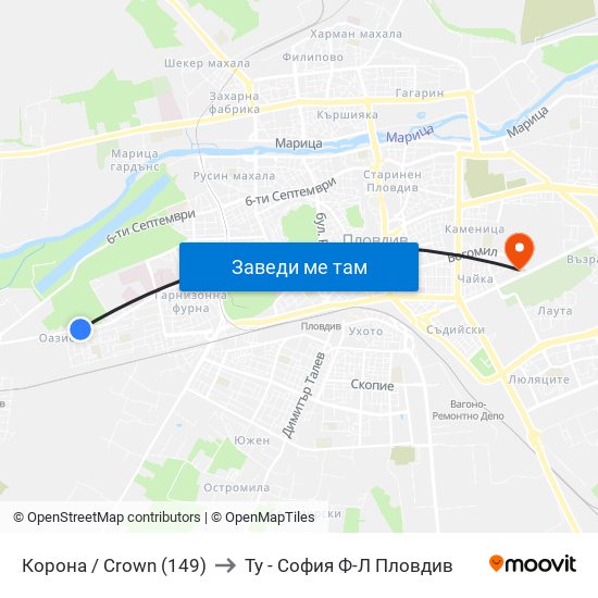 Корона / Crown (149) to Ту - София Ф-Л Пловдив map