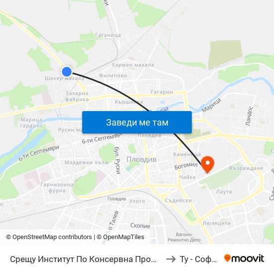 Срещу Институт По Консервна Промишленост / Opposite Institute Of Canning Industry (427) to Ту - София Ф-Л Пловдив map