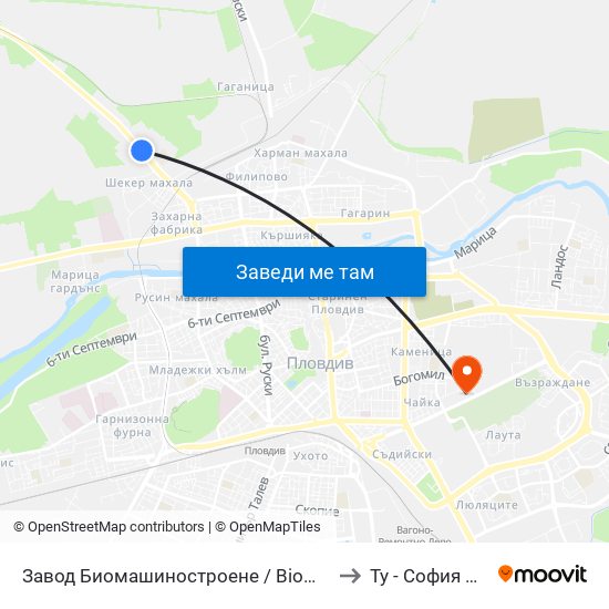 Завод Биомашиностроене / Biomashinostroene Factory (1017) to Ту - София Ф-Л Пловдив map