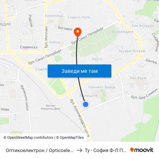 Оптикоелектрон / Opticoelectron (421) to Ту - София Ф-Л Пловдив map