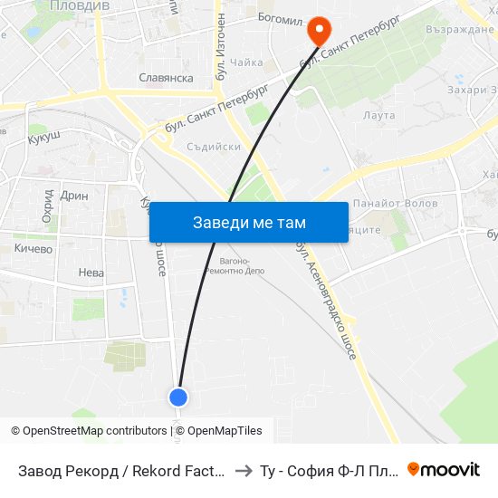 Завод Рекорд / Rekord Factory (285) to Ту - София Ф-Л Пловдив map