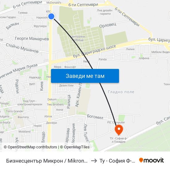 Бизнесцентър Микрон / Mikron Business Centre (353) to Ту - София Ф-Л Пловдив map