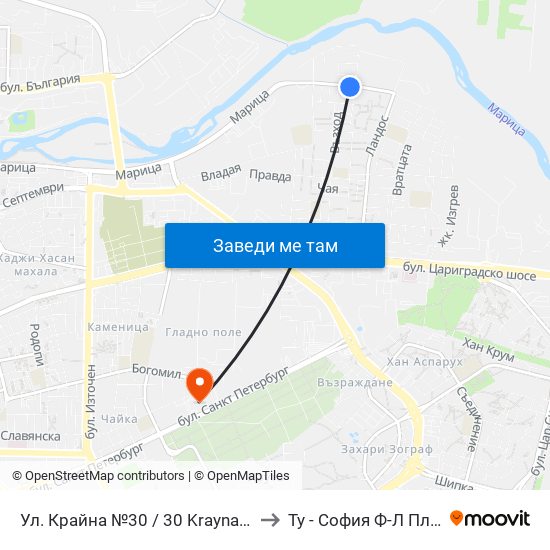 Ул. Крайна №30 / 30 Krayna St. (162) to Ту - София Ф-Л Пловдив map
