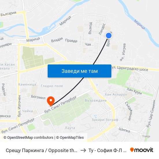 Срещу Паркинга / Opposite the Parking (164) to Ту - София Ф-Л Пловдив map