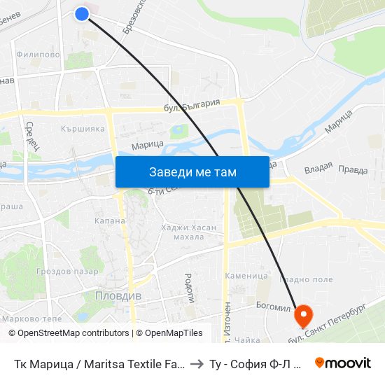 Тк Марица / Maritsa Textile Factory (1005) to Ту - София Ф-Л Пловдив map