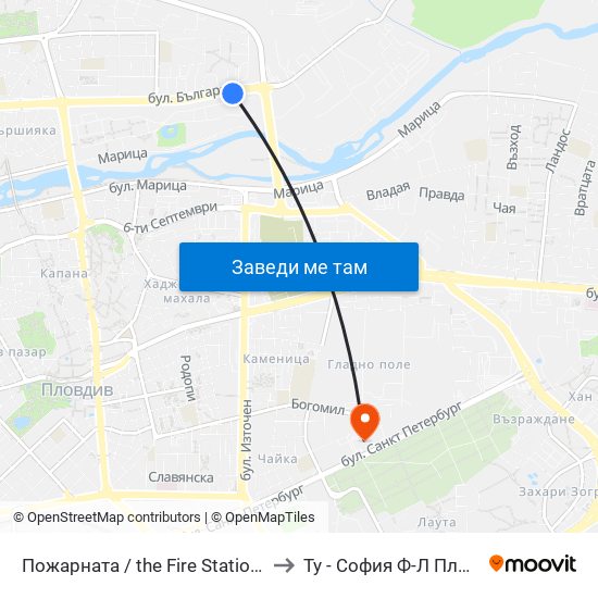 Пожарната / the Fire Station (209) to Ту - София Ф-Л Пловдив map