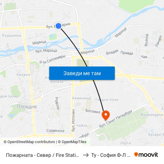Пожарната - Север / Fire Station - North (184) to Ту - София Ф-Л Пловдив map