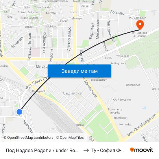 Под Надлез Родопи / under Rodopi Overpass (382) to Ту - София Ф-Л Пловдив map