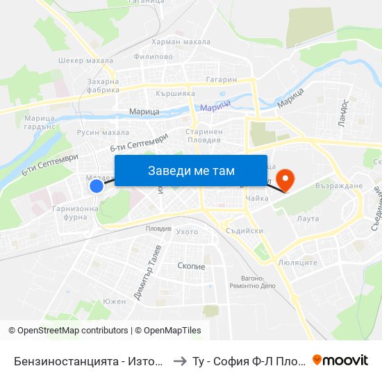Бензиностанцията - Изток (439) to Ту - София Ф-Л Пловдив map