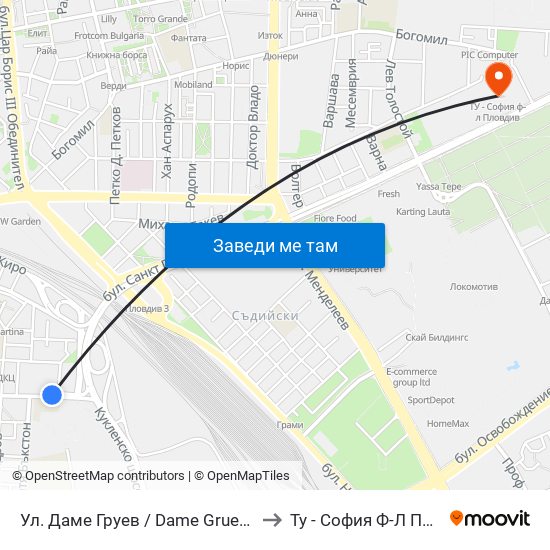 Ул. Даме Груев / Dame Gruev St. (376) to Ту - София Ф-Л Пловдив map