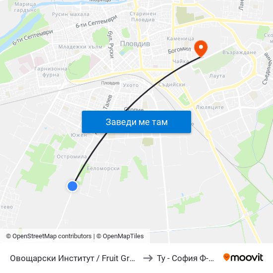Овощарски Институт / Fruit Growing Institute (196) to Ту - София Ф-Л Пловдив map