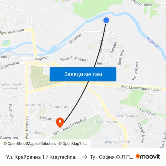 Ул. Крайречна 1 / Krayrechna St. 1 (4009) to Ту - София Ф-Л Пловдив map