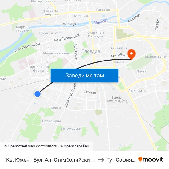 Кв. Южен - Бул. Ал. Стамболийски / Yuzhen Qr - Al. Stamboliyski Blvd (1015) to Ту - София Ф-Л Пловдив map