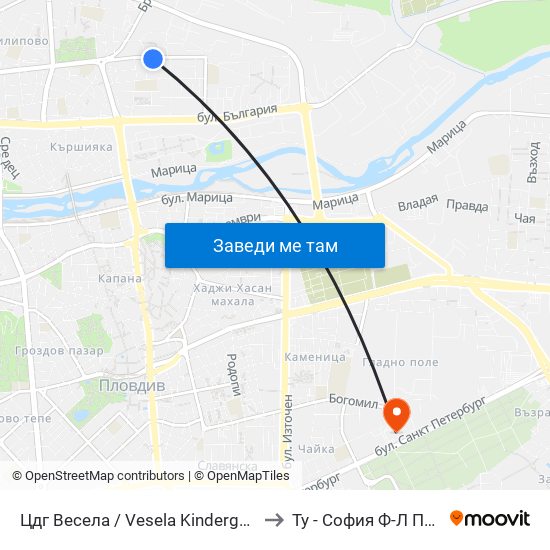 Цдг Весела / Vesela Kindergarten (321) to Ту - София Ф-Л Пловдив map