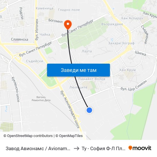 Завод Авионамс / Avionams Factory to Ту - София Ф-Л Пловдив map