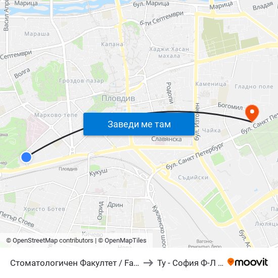 Стоматологичен Факултет / Faculty Of Dentistry to Ту - София Ф-Л Пловдив map