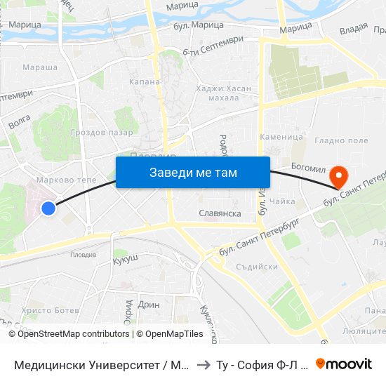 Медицински Университет / Medical University to Ту - София Ф-Л Пловдив map