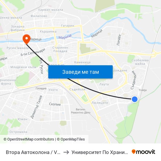 Втора Автоколона / Vtora Avtokolona (1036) to Университет По Хранителни Технологии (Ухт) map