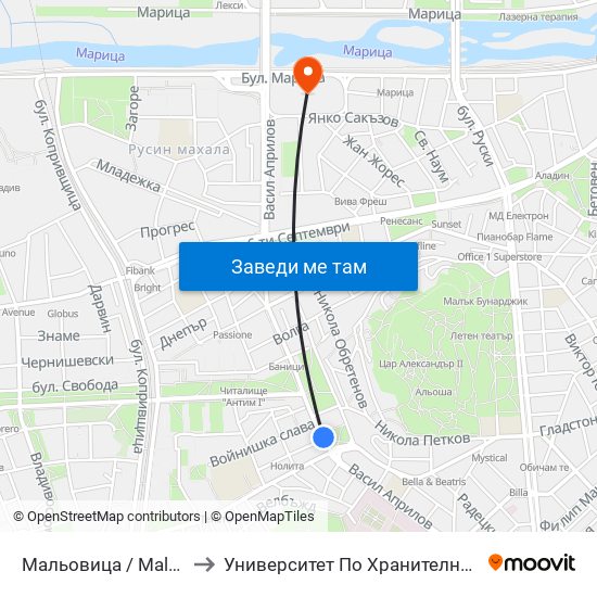 Мальовица / Malyovitsa (265) to Университет По Хранителни Технологии (Ухт) map