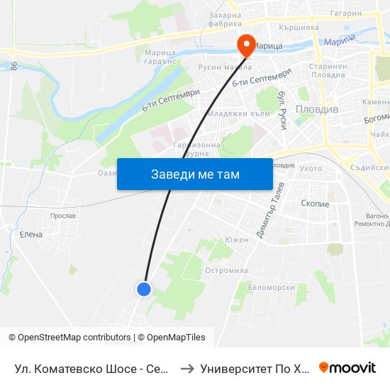 Ул. Коматевско Шосе - Север / Komatevsko Shosse St. - North (27) to Университет По Хранителни Технологии (Ухт) map