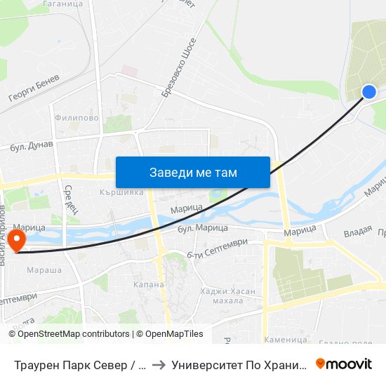 Траурен Парк Север / North Cemetery (1019) to Университет По Хранителни Технологии (Ухт) map