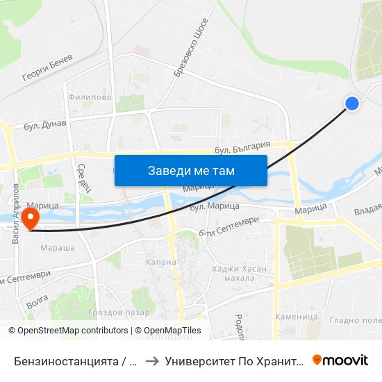 Бензиностанцията / the Gas Station (181) to Университет По Хранителни Технологии (Ухт) map