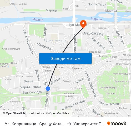 Ул. Копривщица - Срещу Хотел Бордо / Koprivshtitsa St. - Opposite Bordeaux Hotel (313) to Университет По Хранителни Технологии (Ухт) map