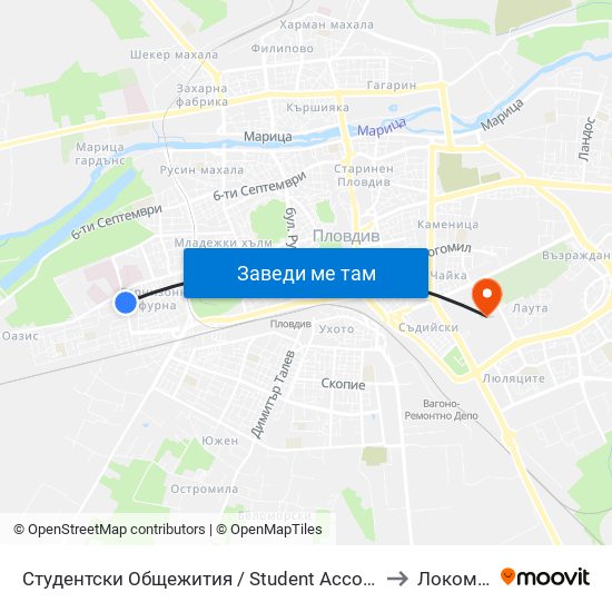 Студентски Общежития / Student Accommodation (389) to Локомотив map