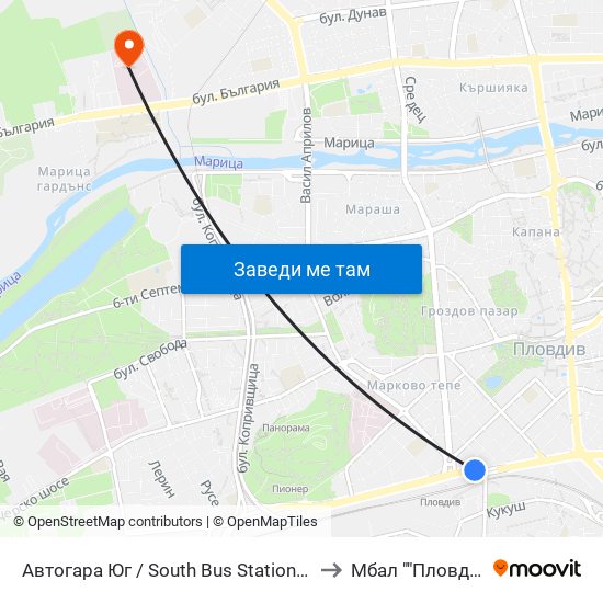 Автогара Юг / South Bus Station (187) to Мбал ""Пловдив"" map