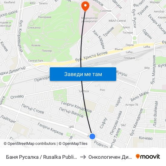 Баня Русалка / Rusalka Public Bath (199) to Онкологичен Диспансер map