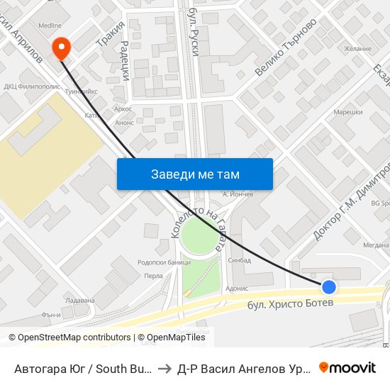 Автогара Юг / South Bus Station (187) to Д-Р Васил Ангелов Уролог Пловдив map