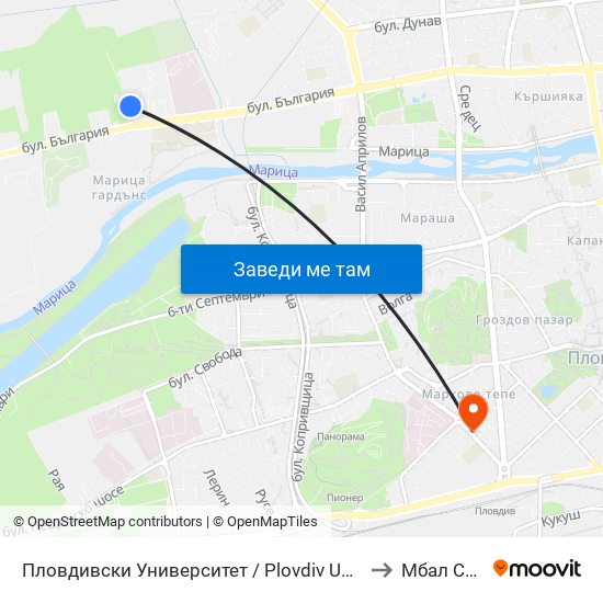 Пловдивски Университет / Plovdiv University (1003) to Мбал Central map