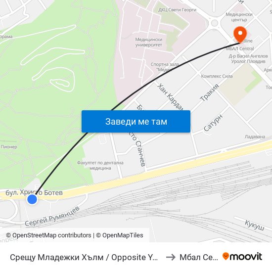 Срещу Младежки Хълм / Opposite Youth Hill (203) to Мбал Central map