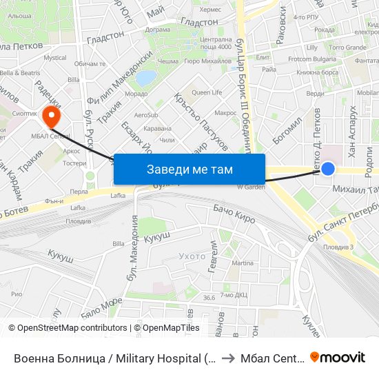 Военна Болница / Military Hospital (335) to Мбал Central map
